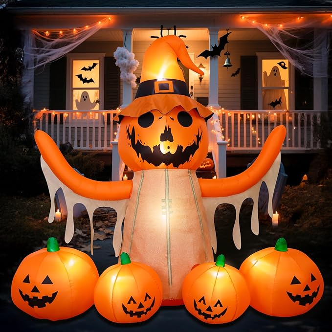 MGparty 8FT Halloween Inflatables Pumpkin Decorations with LED Built-in Pumpkin Scarecrow Halloween Yard Decoration Blow Up Inflatable for Outdoor Indoor Garden Lawn Holiday Party