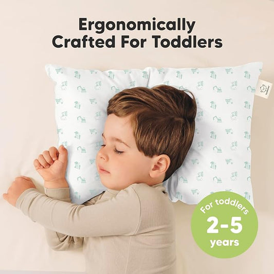2-Pack Toddler Pillow - Soft Organic Cotton Toddler Pillows for Sleeping - 13X18 Small Pillow for Kids - Kids Pillows for Sleeping - Kids Pillow for Travel, School, Nap, Age 2 to 5 (Excavator)