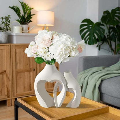 White Vases for Decor, Heart Shaped Ceramic Vase Set of 2, Nordic Modern Heart Vases, Minimalist Decorative Vase for Table Centerpiece Wedding Living Room House Decoration