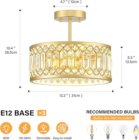 Crystal Ceiling Light Fixture, Modern Semi Flush Mount Light, Gold Lighting Fixtures Ceiling Chandelier for Kitchen, Bedroom, Dining Room, Hallway, 3-Light, 12.2 Inch
