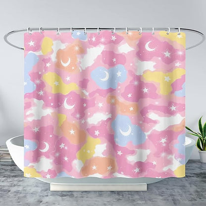 AILONEN Pink Galaxy Shower Curtain,Star and Moon Theme Bathroom Shower Curtain for Girls Kids Teens, 36" W*72" H Colorful Starry Sky Shower Curtain for Bathroom