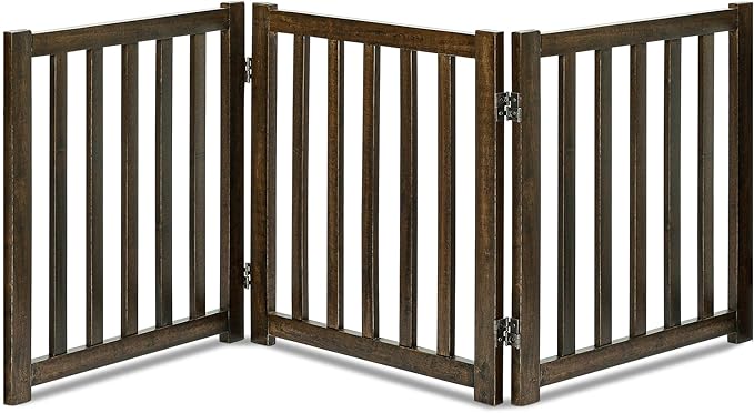 LZRS 3-Panel Wooden Free Standing Foldable Dog Gate – 24" High,Step-Over Safety Pet Gate for Doorways, Stairs, Hallways, Indoor Dog Barrier for Small to Medium Dogs & Puppies, Walnut