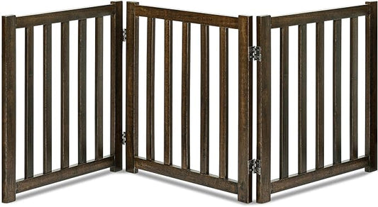 LZRS 3-Panel Wooden Free Standing Foldable Dog Gate – 24" High,Step-Over Safety Pet Gate for Doorways, Stairs, Hallways, Indoor Dog Barrier for Small to Medium Dogs & Puppies, Walnut