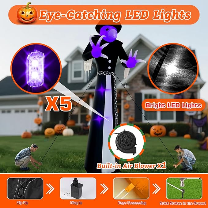 Halloween Inflatables Witch Decorations Outdoor - 12FT Giant Witch Halloween Blow up Yard Decorations with LED Build-in for Garden Lawn Indoor Party Decor