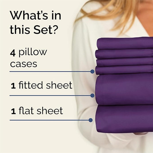 CGK Linens Queen 6 Piece Sheet Set - Cooling Sheets for Hot Sleepers - Hotel Luxury Bedding Set w/ 8-16 Inch Deep Pockets - 1 Flat & 1 Fitted & 4 Pillowcases - Soft, Easy Care & Wrinkle Free - Purple