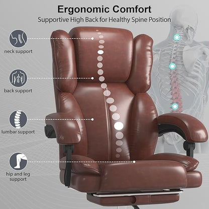 Big and Tall Office Chair, Ergonomic Leather High Back Executive Computer Chair with Retractable Footrest, Adjustable Headrest, Padded Arms, 360°Swivel Free, 90-135°Reclining, 500lbs Wide Seat, Brown