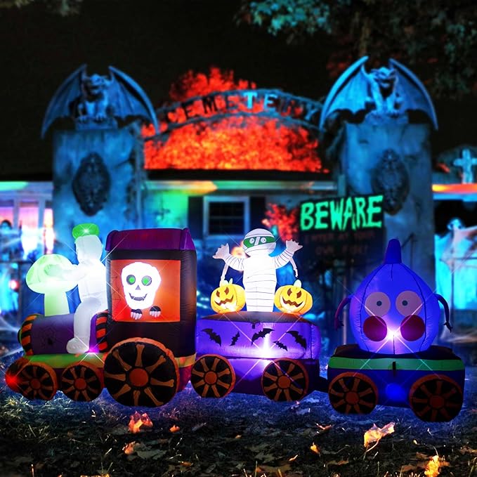 11FT Halloween Inflatables Ghost Train with Mushroom Onion Heads and Mummies Skulls, Built-in LEDs for Halloween Blow Up Indoor Outdoor Decor, Fun Holiday/Party/Yard/Garden Fantasy Display