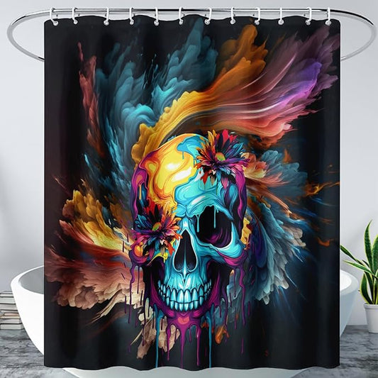AILONEN Sugar Skull Shower Curtain for Bathroom,Romantic Colorful Smoky Skull Bath Curtain,Watercolor Skull Skeleton Decoration Bathroom Waterproof Shower Curtain with 12 Plastic Hooks, 48" W*72" H