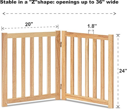 LZRS 2-Panel Wooden Free Standing Foldable Dog Gate – Solid Hardwood 24" High, Step-Over Safety Pet Gate for Doorways, Stairs & Small Spaces - Indoor Use, Natural