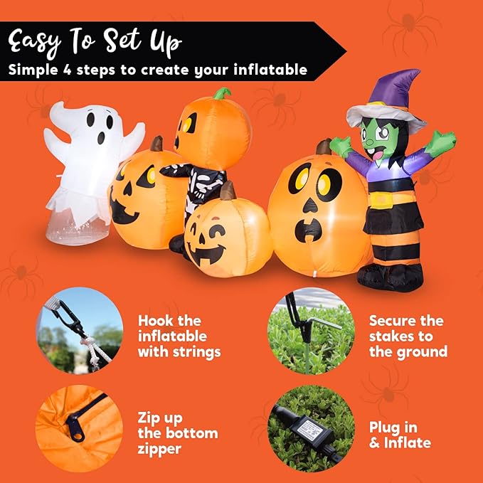 Joiedomi 8 ft Long Halloween Inflatable Three Characters and Pumpkin Patch Outdoor Decoration, Blow Up Inflatables Witch Ghost Skeleton Yard Decorations with LEDs for Party Yard Lawn Garden Decor