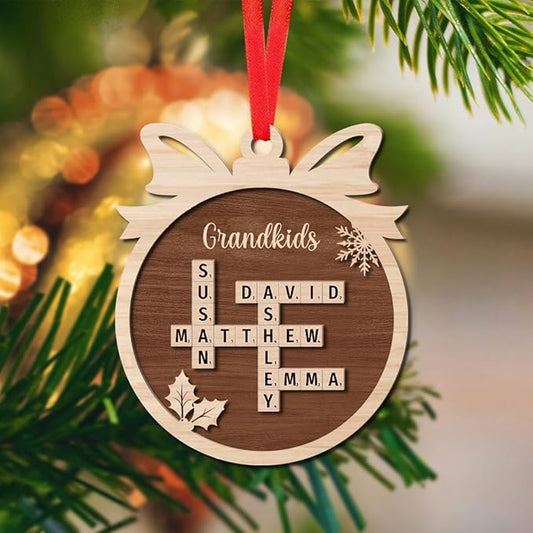 Personalized Wooden Crossword Art, Custom Grandkids Ornament, Custom Christmas Tree Ornament
