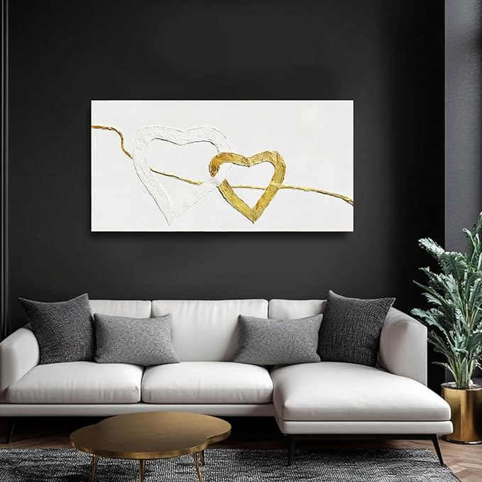 GAIDUOMAI Abstract Wall Canvas Art Love Heart Modern Artwork Textured Room Decor Gold Line Prints for Office Home Hotel 24"x48" Ready to Hang