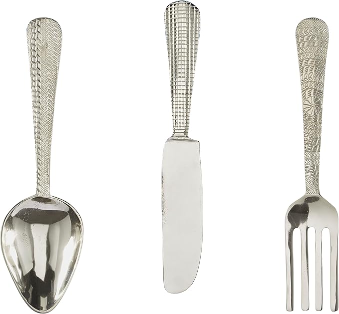 Deco 79 Aluminum Metal Utensils Home Wall Decor Knife, Spoon and Fork Wall Sculpture, Set of 3 Wall Art 23", 23", 23" H, Silver
