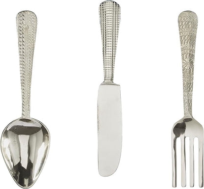 Deco 79 Aluminum Metal Utensils Home Wall Decor Knife, Spoon and Fork Wall Sculpture, Set of 3 Wall Art 23", 23", 23" H, Silver