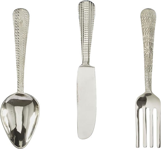 Deco 79 Aluminum Metal Utensils Home Wall Decor Knife, Spoon and Fork Wall Sculpture, Set of 3 Wall Art 23", 23", 23" H, Silver