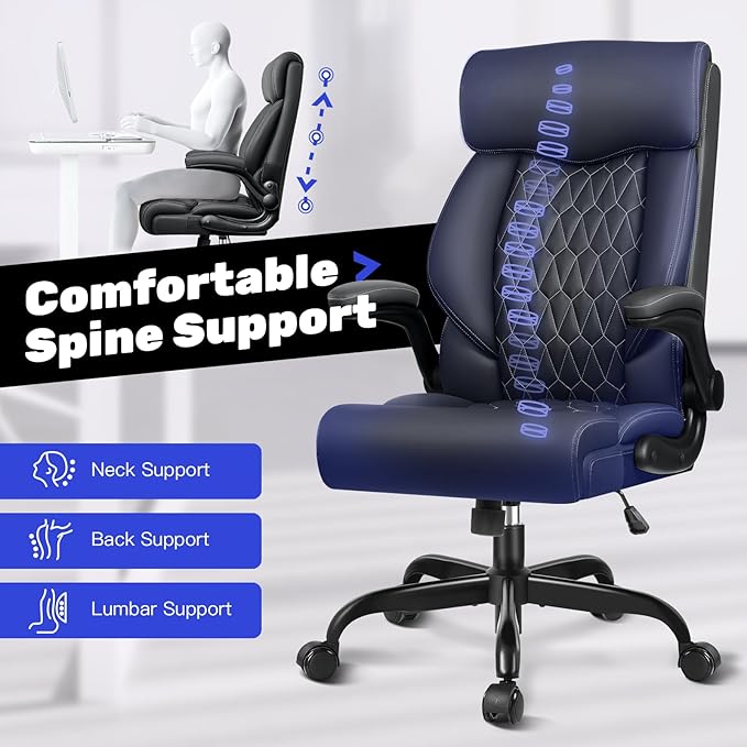 High Back Executive Office Chair - Ergonomic Computer Desk With Rocking Function, Leather Managerial With Adjustable Flip-Up Armrests and Lumbar Support