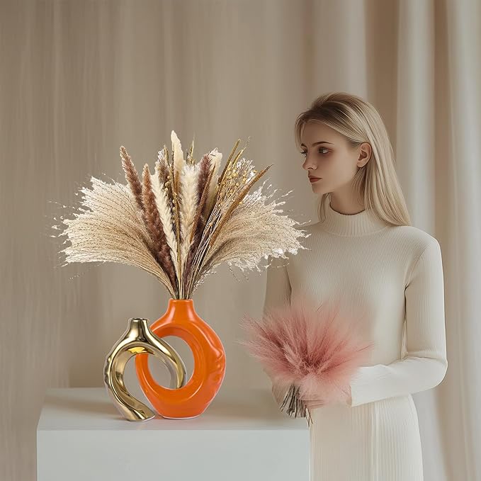 Orange Gold Ceramic Vase Set of 2 for Modern Home Decor,Round Boho Vase for Pampas Grass,Neutral Minimalist Vase for Dining Room Table Centerpiece Dining Room,Wedding Table Decoration