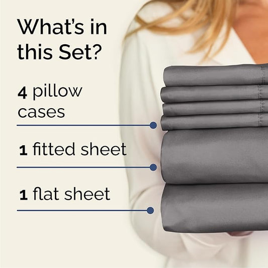 CGK Linens Queen 6 Piece Sheet Set - Cooling Sheets for Hot Sleepers - Hotel Luxury Bedding Set with 8-16 Inch Deep Pockets - 1 Flat & 1 Fitted & 4 Pillowcases - Soft, Comfy & Wrinkle Free - Dark Grey