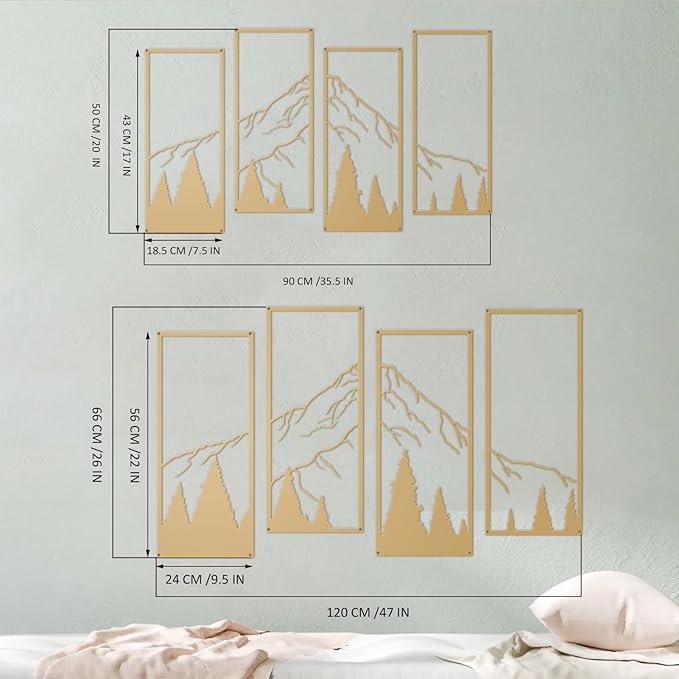 ruelen 4 Pcs Metal Mountain and Forest Wall Decor Line Drawing Wall Art Abstract Minimalist Wall Decor Rustic Nature Home Wall Art Sculpture for Home Office Bedroom Bathroom Living Room (Gold, Small)