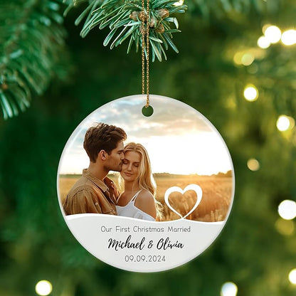 Our First Christmas Married Ornament, Personalized Photo Christmas Ornament 2025 for Newlyweds, Couple Just Married Ornament, Customized Wedding Gifts for Couples Him Her