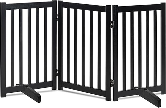 LZRS Solid Hardwood Freestanding Pet Gate,Wooden Dog Gates for Doorways,Nature Wood Dog Gates for The House,Dog Gate for Stairs,Freestanding Indoor Gate Safety Fence,Black,30" Height-3 Panels