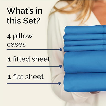 CGK Linens Full 6 Piece Sheet Set - Cooling Sheets for Hot Sleepers - Hotel Luxury Bedding Set w/ 8-16 Inch Deep Pockets - 1 Flat & 1 Fitted & 4 Pillowcases - Soft, Comfy & Wrinkle Free - Denim Blue
