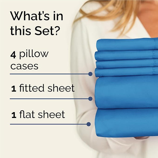 CGK Linens Full 6 Piece Sheet Set - Cooling Sheets for Hot Sleepers - Hotel Luxury Bedding Set w/ 8-16 Inch Deep Pockets - 1 Flat & 1 Fitted & 4 Pillowcases - Soft, Comfy & Wrinkle Free - Denim Blue