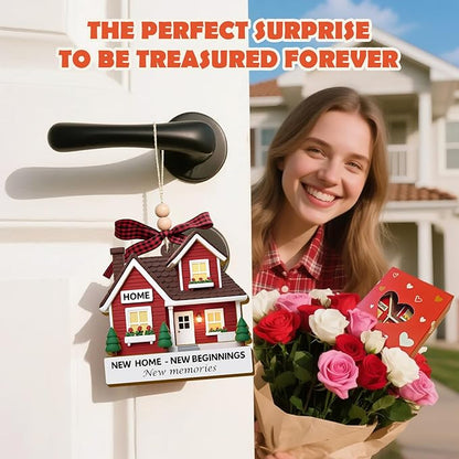 New Home Ornament - Red Wooden Housewarming Gift for Homeowners, Couples & Friends - New Home New Beginning First Christmas House Ornament