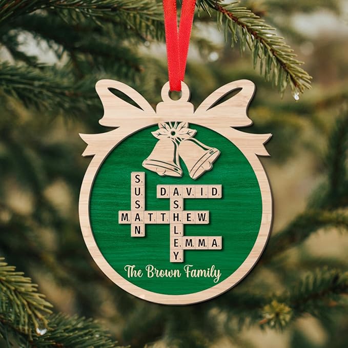 Custom Family Crossword Ornament, Personalized Wooden Christmas Decoration