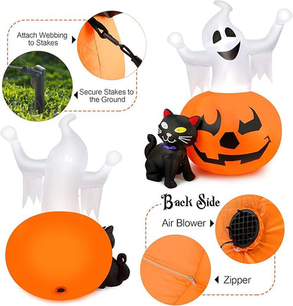 5 FT Halloween Inflatables Outdoor Spooky Pumpkin and Witch' s Black Cat Combo Inflatable Decor, Halloween Blow Up Yard Decorations Clearance with Build-in LED Lights, Halloween Outdoor Decorations