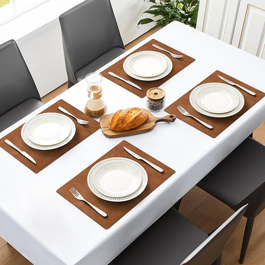 MOSAYT Vinyl Placemats Set of 6-12 X 17 Inch - Faux Leather 100% Waterproof Oil-Proof Wipeable PU Place Mats, Heat Resistant Reversible Table Mats for Kitchen, Dining, Outdoor (Reddish Brown)