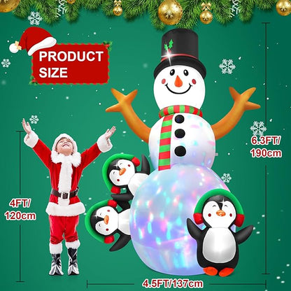 6.3 FT Christmas Inflatable Snowman Outdoor Decoration with Build-in Multicolor LEDs, Snowman with 3 Penguins Blow Up Inflatables Christmas for Yard Garden Lawn Xmas Holiday Decor