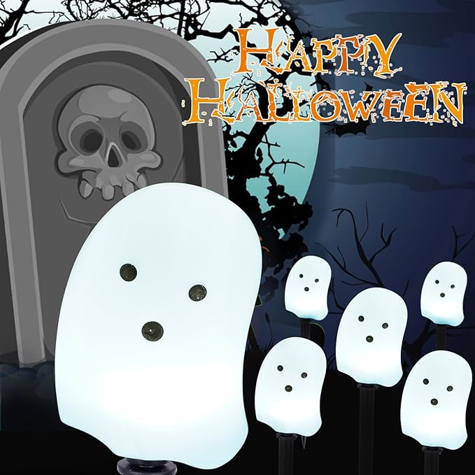 BRIGHTDECK Solar Halloween Ghost Pathway Lights, 5 Pack Ghost Stake Lights, Durable Waterproof Outdoor Halloween Decoration for Garden, Patio, Walkway, and Yard (5Pcs Ghost)