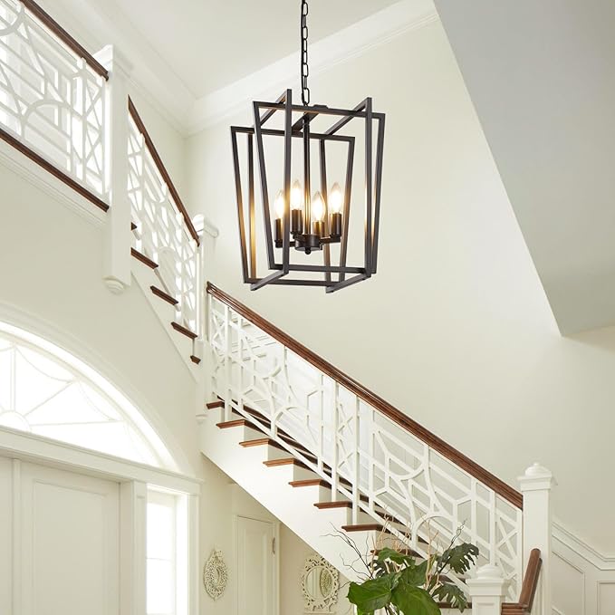 4-Light Black Chandelier, Farmhouse Lantern Pendant Light Lighting Fixtures, Industrial Ceiling Light, Adjustable Height Rustic Geometric Hanging Chandelier for Kitchen Island,Entryway,Foyer,E12 Base