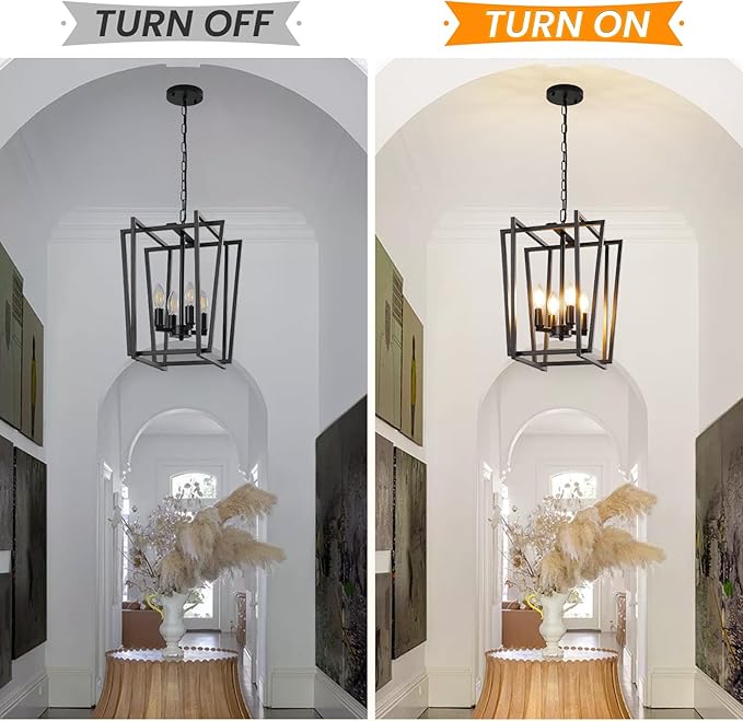 4-Light Black Chandelier, Farmhouse Lantern Pendant Light Lighting Fixtures, Industrial Ceiling Light, Adjustable Height Rustic Geometric Hanging Chandelier for Kitchen Island,Entryway,Foyer,E12 Base