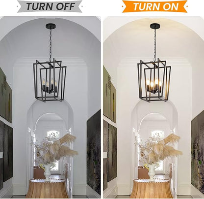 4-Light Black Chandelier, Farmhouse Lantern Pendant Light Lighting Fixtures, Industrial Ceiling Light, Adjustable Height Rustic Geometric Hanging Chandelier for Kitchen Island,Entryway,Foyer,E12 Base