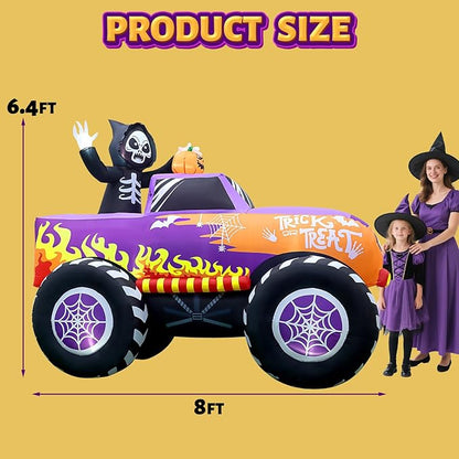 Halloween Inflatables Decorations, 8 Ft Long Outdoor Blow Up Monster Skeleton Truck Car Shape with Inflate Scary Skull Spider Web Wheels Trick or Treat Build-in LEDs for Garden Yard Lawn Party Decors