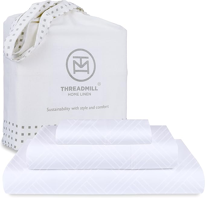 Threadmill Twin Bed-Sheets - 800 Thread Count Jacquard Celine Hotel White, 100% Natural Cotton 3 Piece Striped Bed Set, Extra Long Staple Cotton, Comfy Damask Sheets with Elasticized Deep Pocket