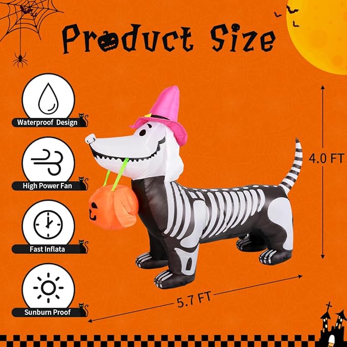 GOOSH 5.5 FT Halloween Inflatables Outdoor Decorations Skeleton Puppy Inflatable Yard Decoration with Build-in LEDs Blow Up Pumpkin for Halloween Party Indoor Outdoor Yard Garden