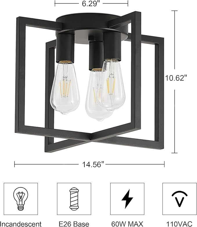 3-Light Ceiling Light Fixture, Black Semi-Flush Mount Chandelier with Geometric Metal Shade, Farmhouse Industrial Lighting for Kitchen Living Room Bedroom Hallway Foyer, E26 Base