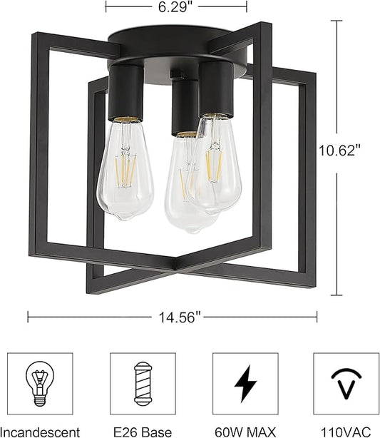 3-Light Ceiling Light Fixture, Black Semi-Flush Mount Chandelier with Geometric Metal Shade, Farmhouse Industrial Lighting for Kitchen Living Room Bedroom Hallway Foyer, E26 Base