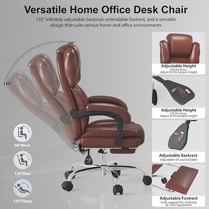 Big and Tall Office Chair, Ergonomic Leather High Back Executive Computer Chair with Retractable Footrest, Adjustable Headrest, Padded Arms, 360°Swivel Free, 90-135°Reclining, 500lbs Wide Seat, Brown