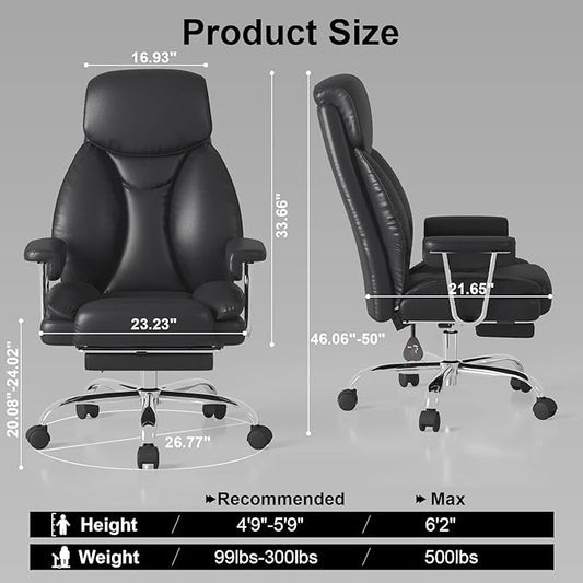 Big and Tall Office Chair, Ergonomic Leather High Back Executive Computer Desk Chair with Retractable Footrest and Padded Arms, 360°Swivel Free, 90-135°Reclining, 500lbs Wide Seat, Black