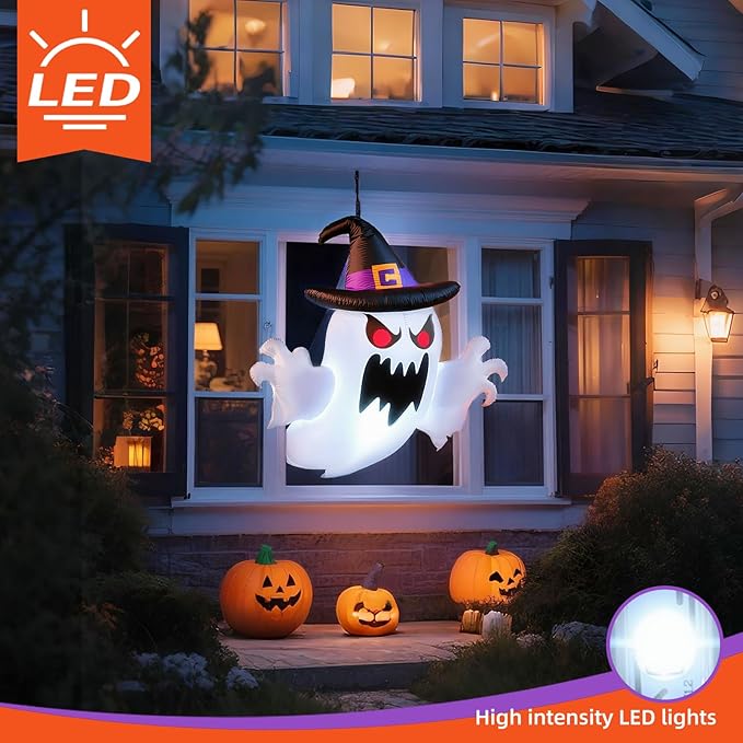 5 FT Halloween Decorations Window Inflatable Ghost with Build-in LEDs, Blow Up Flying Ghost, Blow Up Flying Ghost Broke Out from Windows for Halloweeen,Outdoor, Yard, Garden, Lawn Decoration
