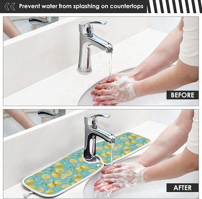 Lemon Turquoise Faucet Water Catcher Mat 2 Pack Flowers Leaves Summer Drying Mat Absorbent Bathroom Faucet Handle Drip Catcher Tray Bar RV Kitchen Sink Splash Guard 14x5 Inches