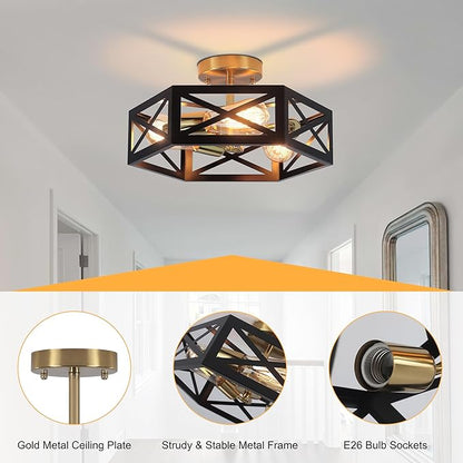 Kitchen Lighting Fixtures Ceiling, Farmhouse Flush Mount Ceiling Light Black and Gold Hallway Light Fixtures with 3 Lights Metal Cage for Hallway Hexagon Shade 14.5 in