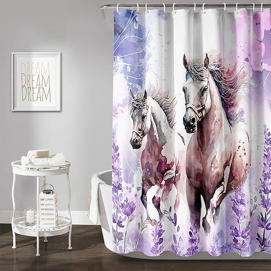 AILONEN Watercolor Flower Horse Shower Curtain,Galloping Horse Bath Curtain,Purple Lavender Horse Decoration Bathroom Curtain with 12 Plastic Hooks,Waterproof 72" W*78" H