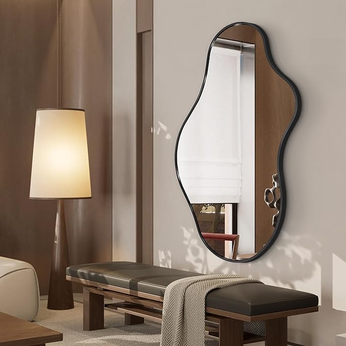 Irregular Wall Mirror - Wall Mirrors Decorative 24"x 43" Asymmetrical Abstract Mirror Aviation Aluminum Alloy Frame Unique for Bathroom, Bedroom, Living Room, Cloakroom, Entryway Black