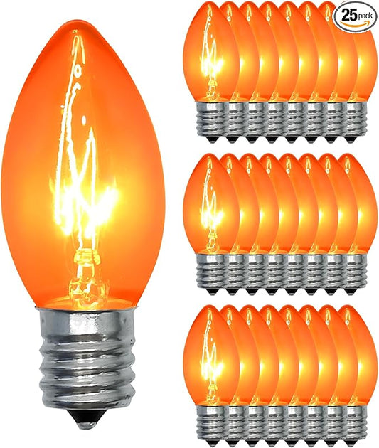 25 Pack C9 Clear Orange Light Bulbs,Orange Halloween Incandescent Bulbs for Indoor Outdoor Halloween Party Outside Lights,C9/E17 7Watt Chandeliers and Night Light Bulb