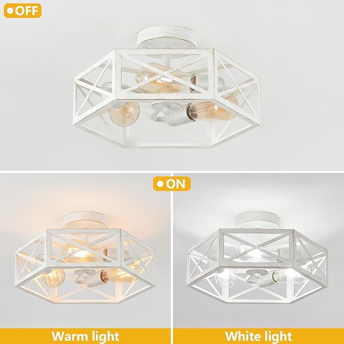 3-Light Flush Mount Ceiling Light Fixture, Modern Close to Ceiling Light with White Metal Hexagon Cage, Farmhouse Ceiling Light for Bedroom, Hallway, Entry, Foyer, Kitchen